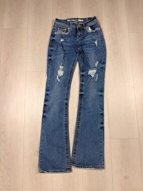 Western Blue Distressed Bootcut Jeans Size 3 Medium Wash Stretch‎ Denim